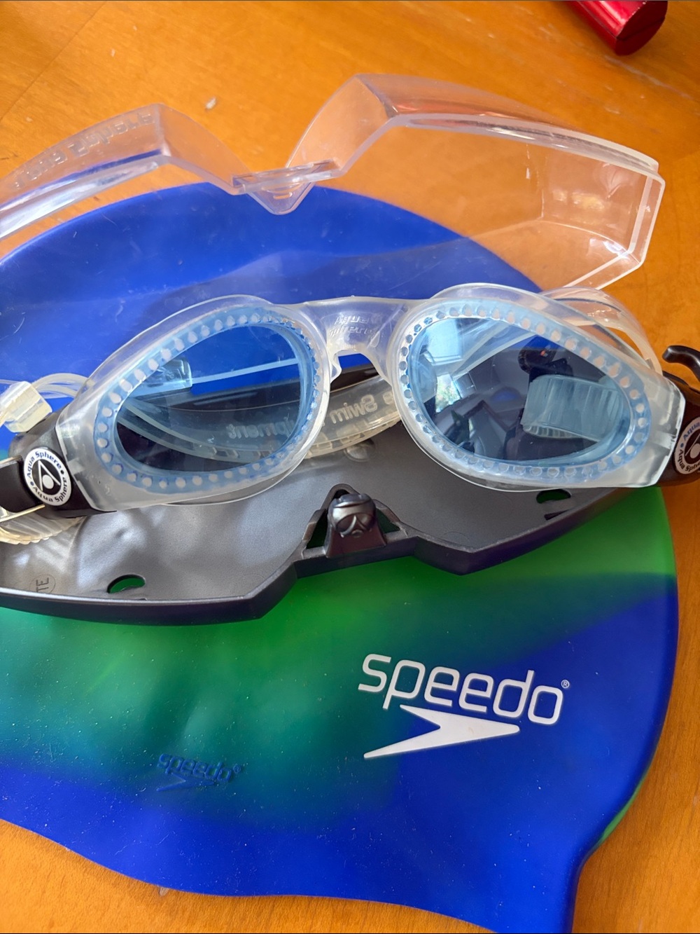 Speedo Kids Blue and Green Swim Cap with Clear Blue-Tinted Goggles